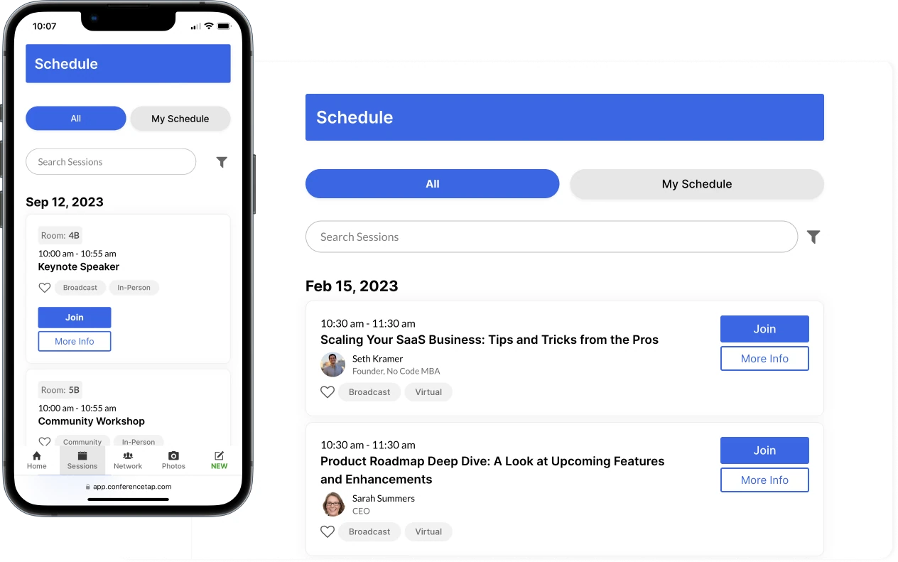 ConferenceTap agenda on mobile and desktop, showing personal schedules, room locations, and session formats