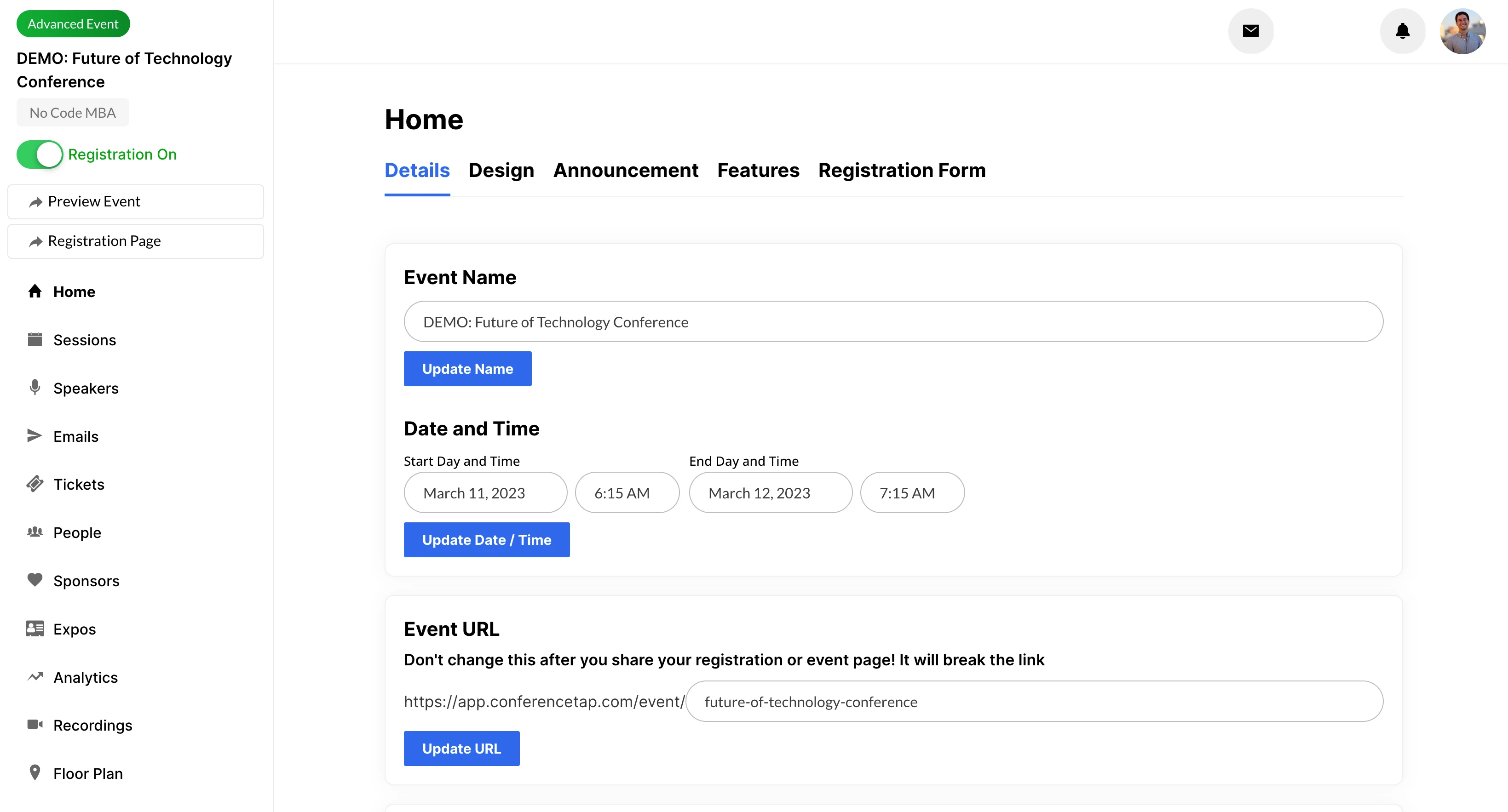 ConferenceTap organizer portal with event details, registration settings, and navigation for sessions, speakers, and analytics