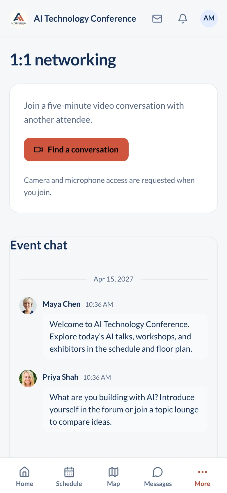 1:1 networking on a phone with a button to find a five-minute video conversation