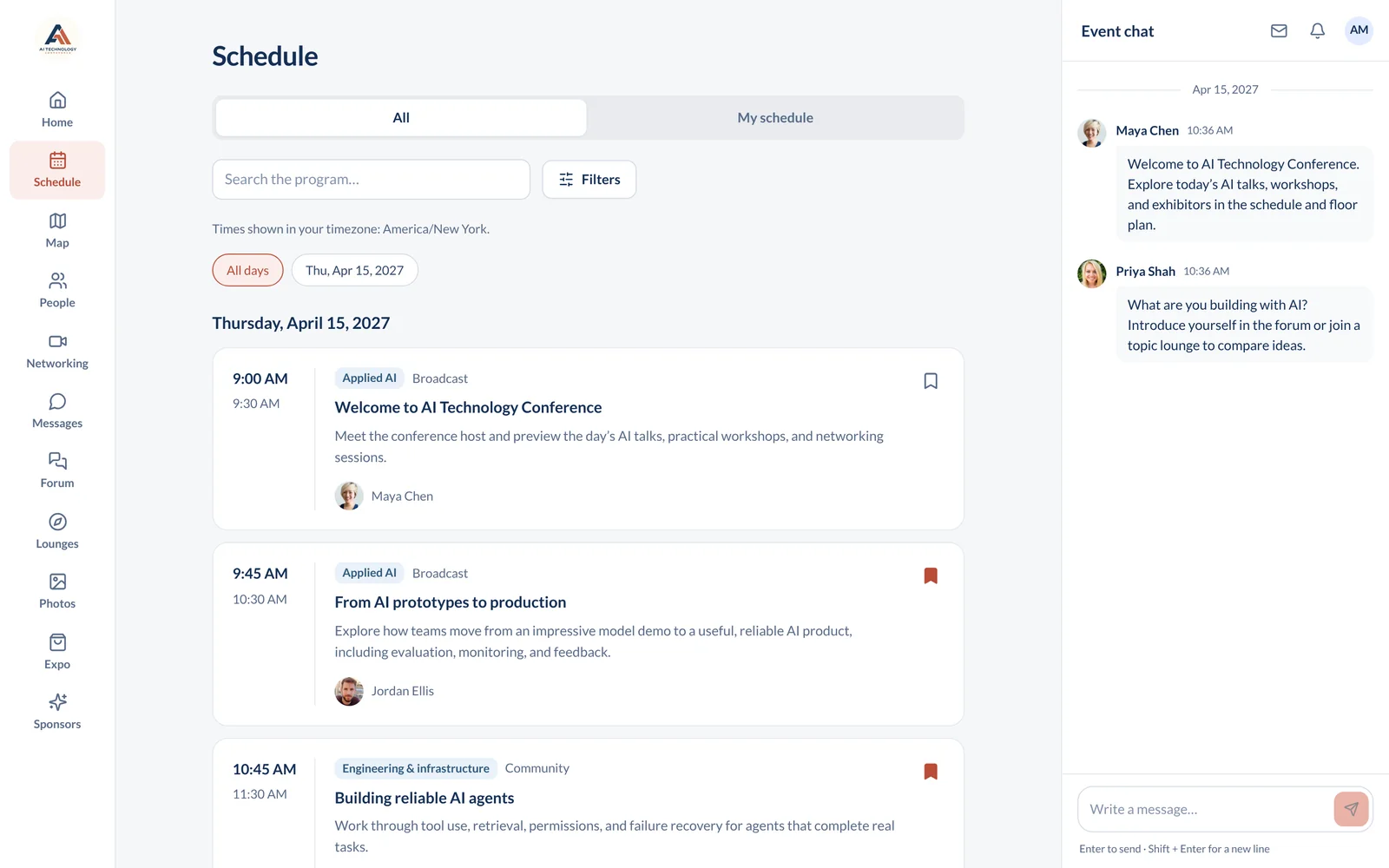 ConferenceTap attendee schedule with session times, tracks, speakers, and bookmarks