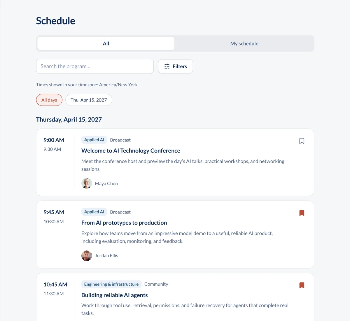 ConferenceTap attendee schedule with session times, tracks, speakers, and bookmarks