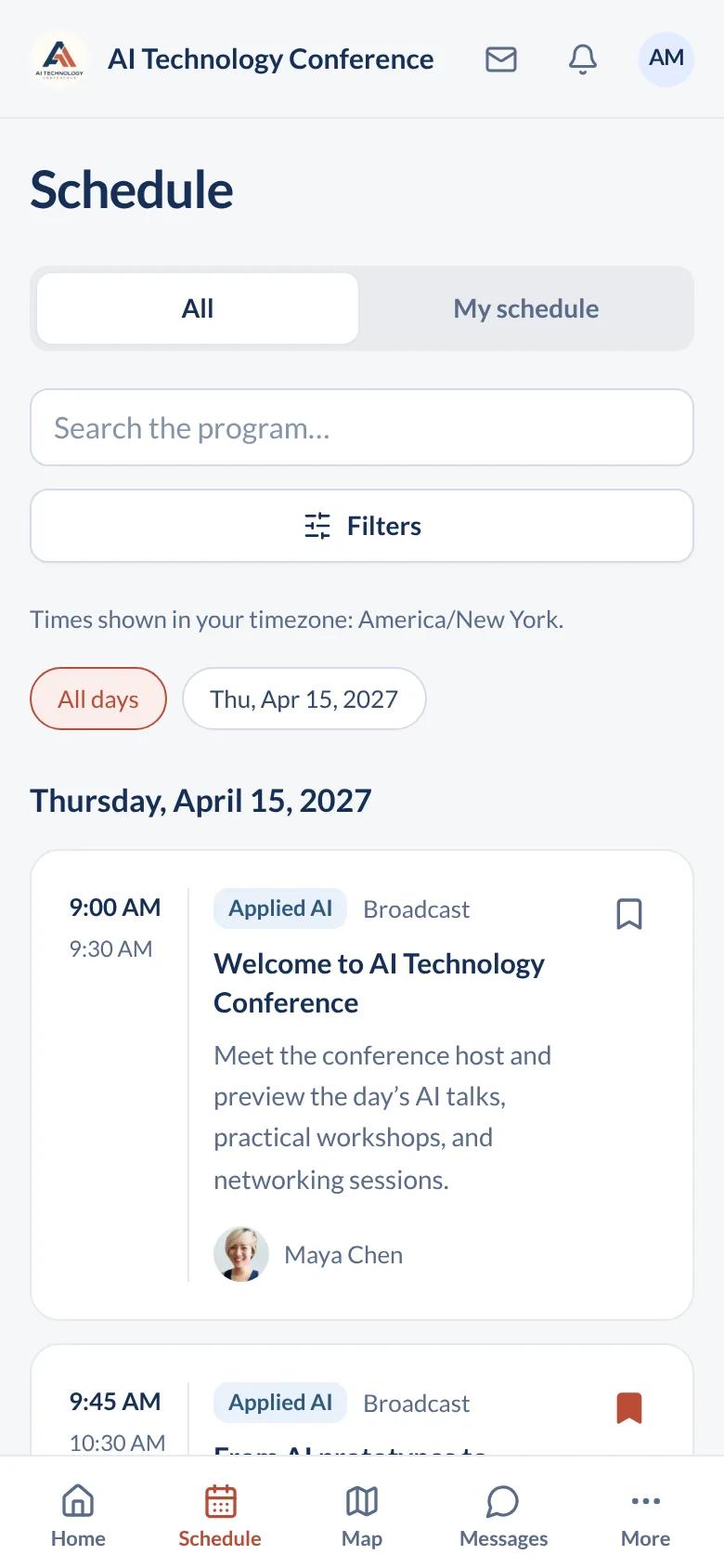 Attendee schedule on a phone with session times, tracks, and bookmarks