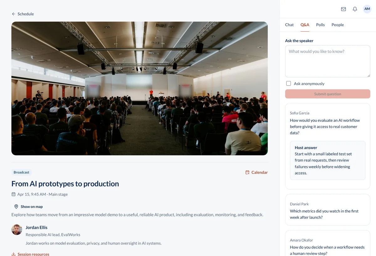 Live session in ConferenceTap with the stream, session details, and the Q&A panel with a host answer