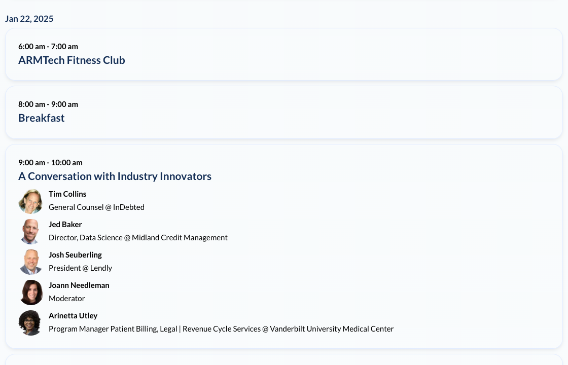 ARMTech 2025 public agenda in ConferenceTap, with January 22 sessions and the speakers for A Conversation with Industry Innovators